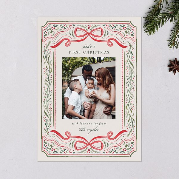 Baby's First Christmas Bow Garland Holiday Cards Ruby Signature Blank Portrait Standard