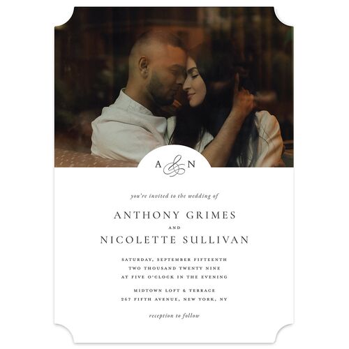 Elegant Photo Monogram Wedding Invitations Pure White Signature Blank No Ticket
