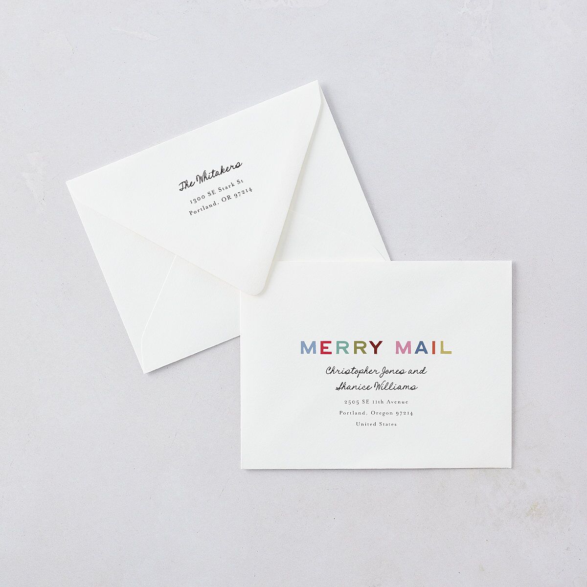 Very Merriest Retro Christmas Thank You Card Euro Envelopes White Linen Both Recipient and Return Addresses Luxe Signature