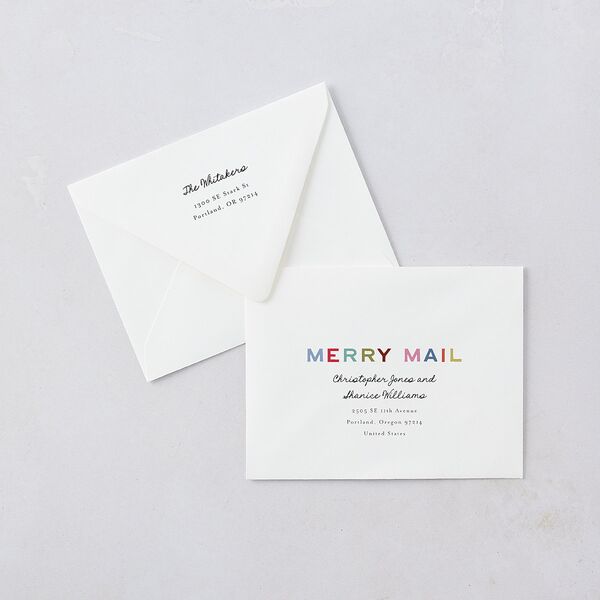 Very Merriest Retro Christmas Thank You Card Euro Envelopes White Linen Both Recipient and Return Addresses Luxe Signature