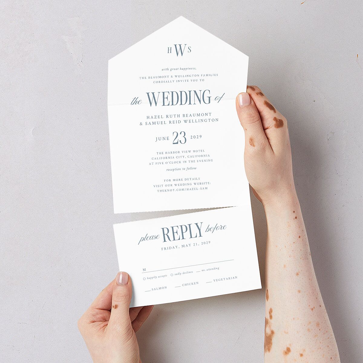 Elegant Wedding Of All-in-One Wedding Invitations Dusty Blue Signature Light Both Recipient and Return Addresses No