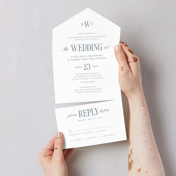 Elegant Wedding Of All-in-One Wedding Invitations Dusty Blue Signature Light Both Recipient and Return Addresses No