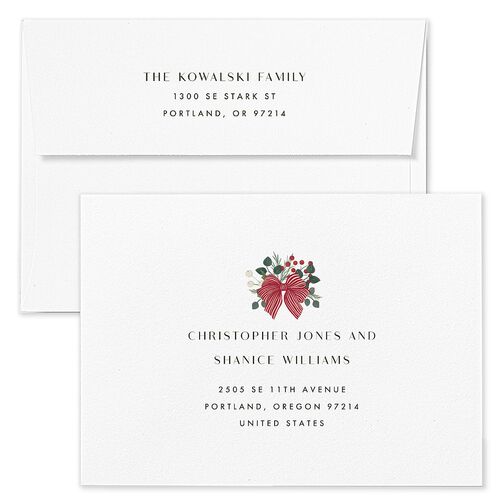 Rustic Holiday Foliage with Bow Holiday Card Envelopes White Hunter Green Both Recipient and Return Addresses Standard Signature