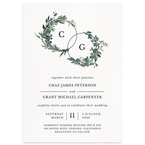Leafy Hoops Wedding Invitations Navy Signature Blank No Standard