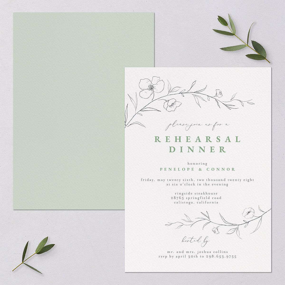 Graceful Botanical Rehearsal Dinner Invitations — view 1