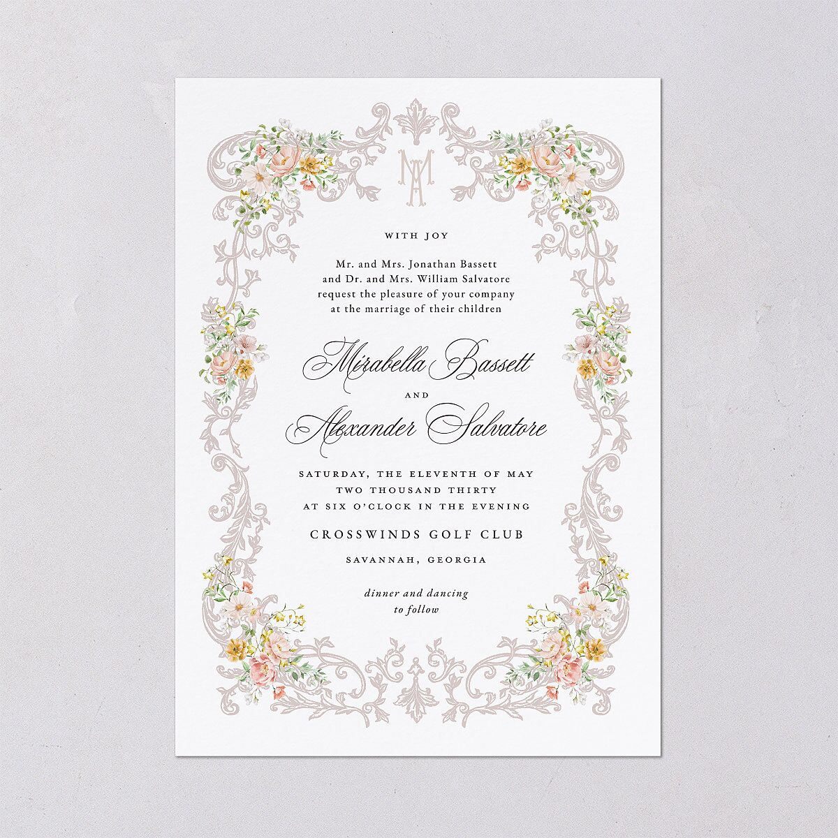 Elegant Floral Regency Wedding Invitations Pink Cotton Signature Blank No Standard