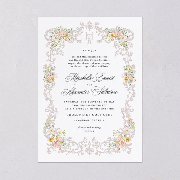 Elegant Floral Regency Wedding Invitations Pink Cotton Signature Blank No Standard