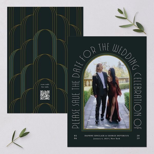 Gatsby Deco Arch Save the Date Cards Dark Emerald Signature smooth Blank No Standard