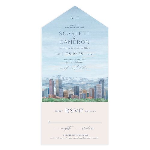 Scenic Denver Colorado All-in-One Wedding Invitations Pastel Blue Signature Light Both Recipient and Return Addresses No