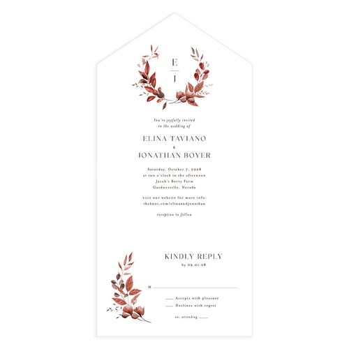Leafy Rustic Monogram All-in-One Wedding Invitations Burgundy Signature Light Both Recipient and Return Addresses No