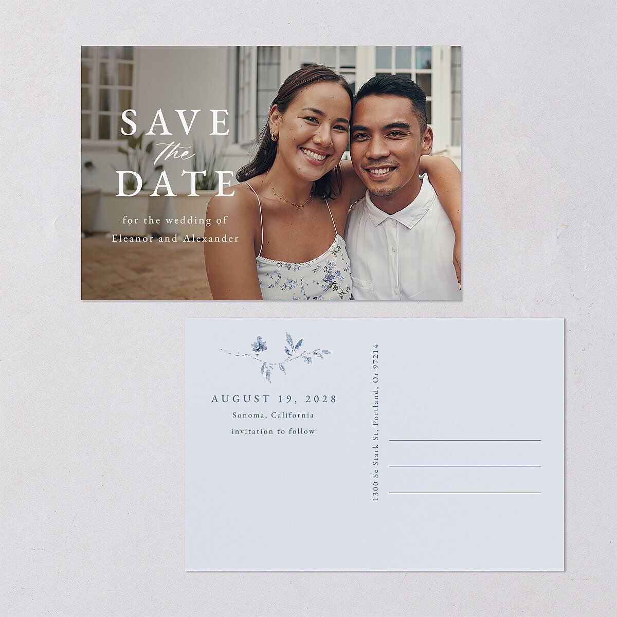 Timeless Floral Save the Date Postcards Dusty Blue
