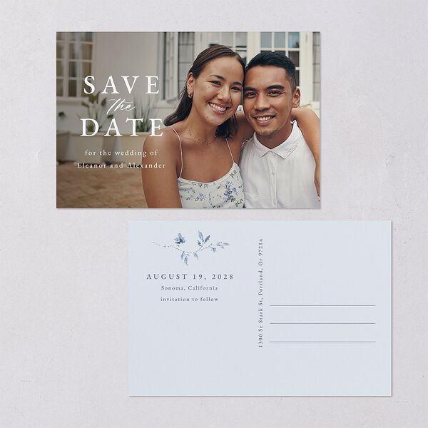 Timeless Floral Save the Date Postcards Dusty Blue
