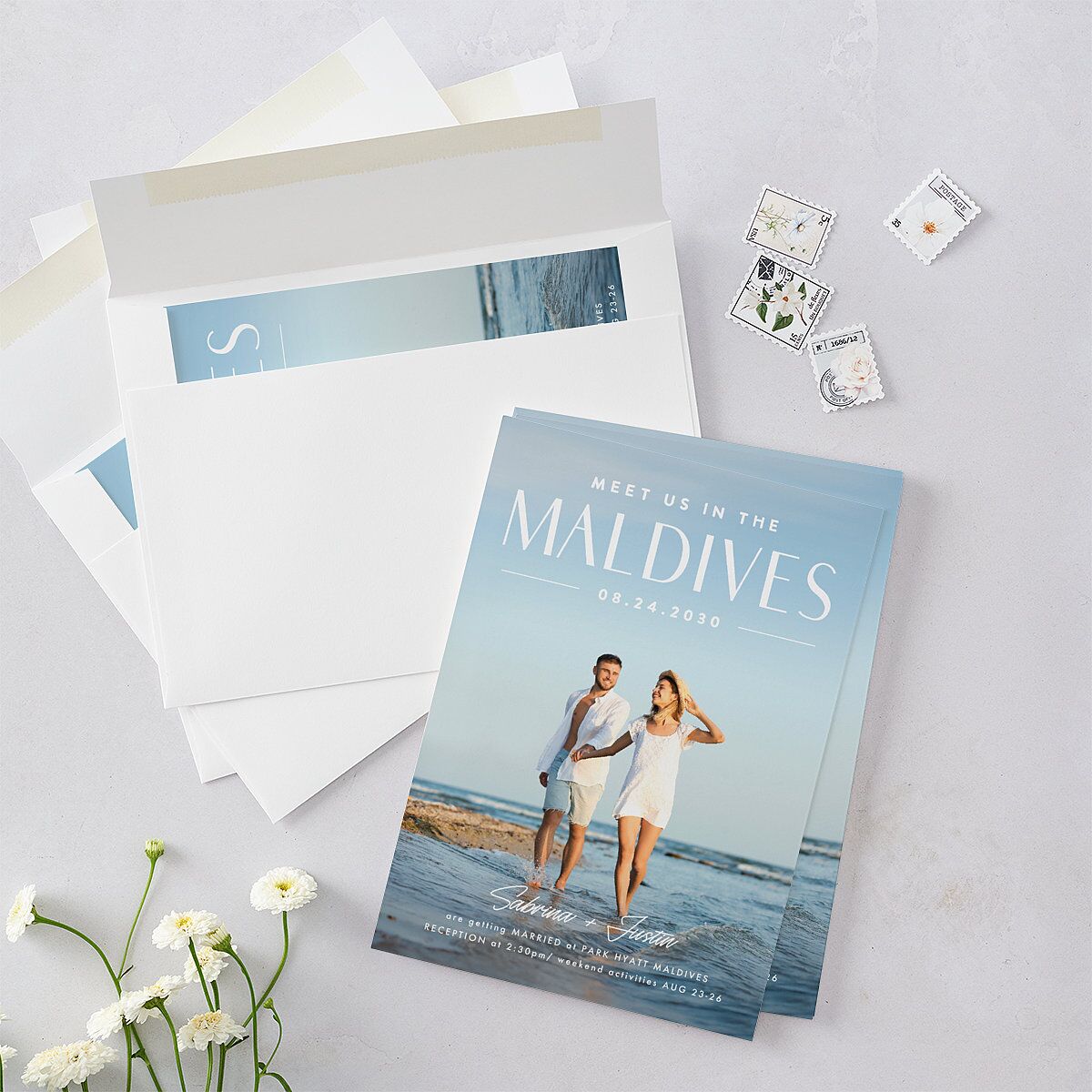 Destination Photo Poster Wedding Invitations Dusty Blue Signature Blank No Standard