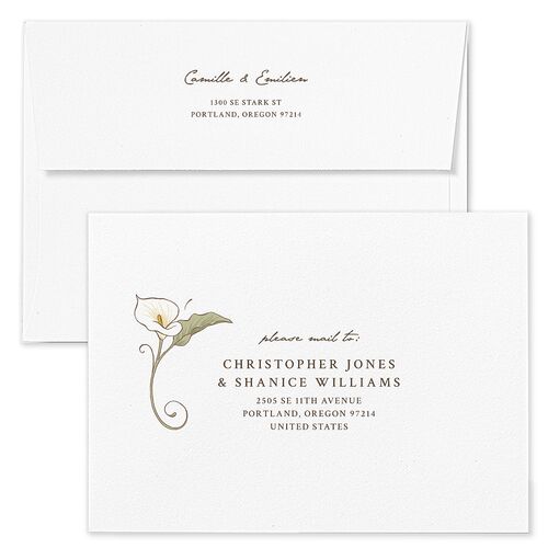 Calla Lily Nouveau Rehearsal Dinner Invitation Envelopes Champagne Standard White Both Recipient and Return Addresses Signature
