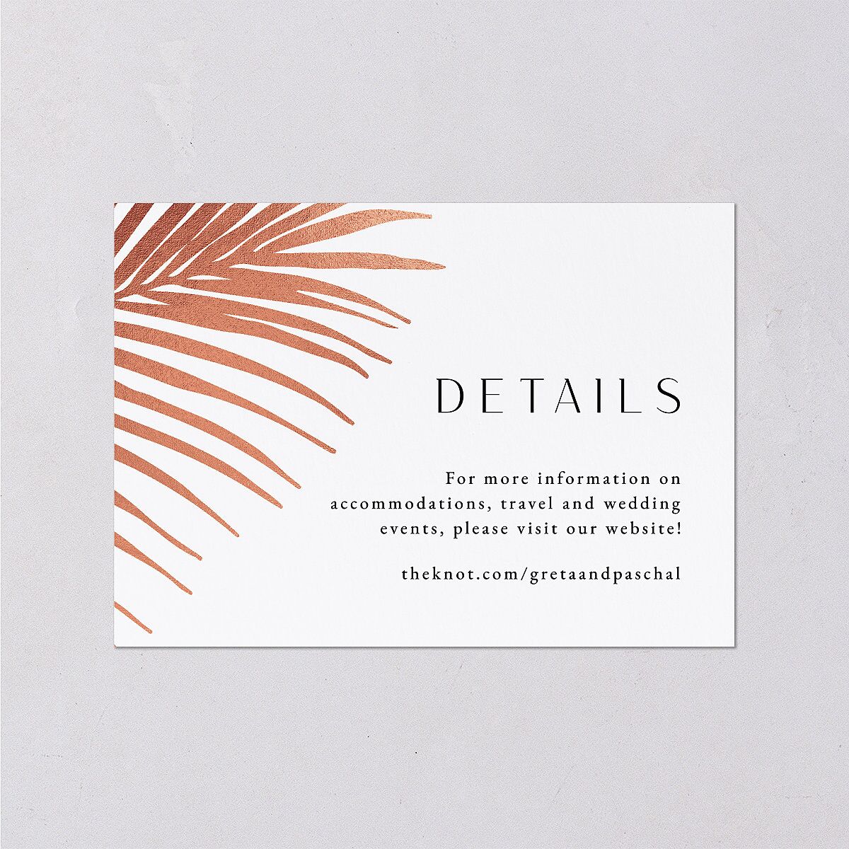 Lavish Palm Wedding Event Detail Cards Rose Gold Pure White Signature Standard