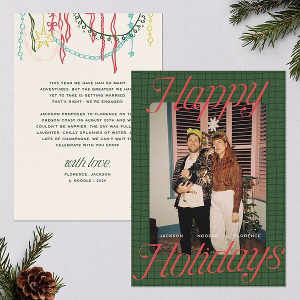 Happy Holidays Grid Pattern Photo Holiday Cards Hunter Green Signature Blank Standard