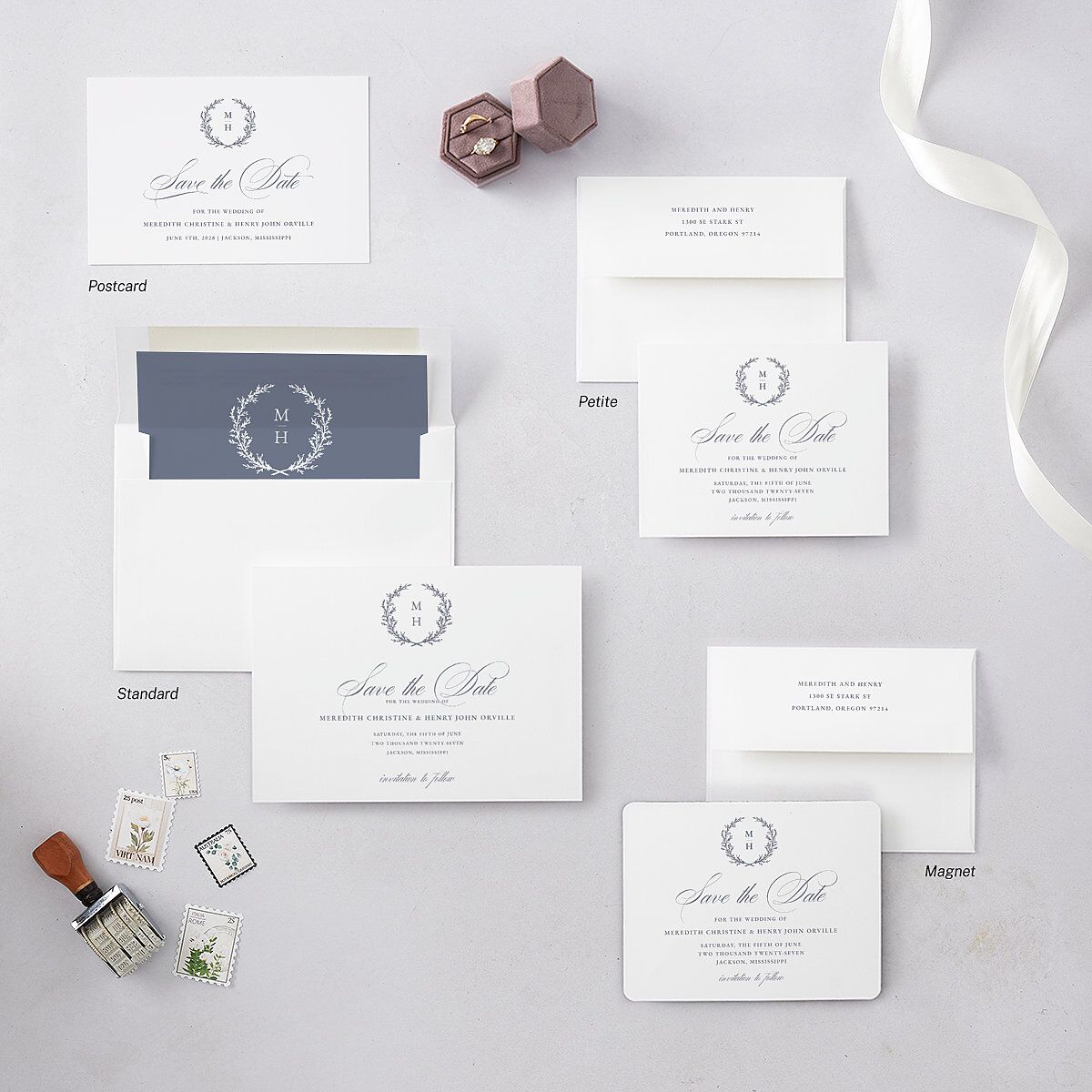 Monogram Branches Botanical Save The Date Magnets Regency Blue Magnet Paper