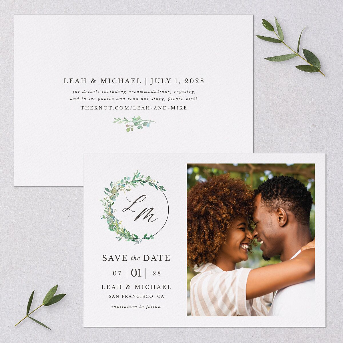 Leafy Monogram Hoop Save the Date Cards — view 1
