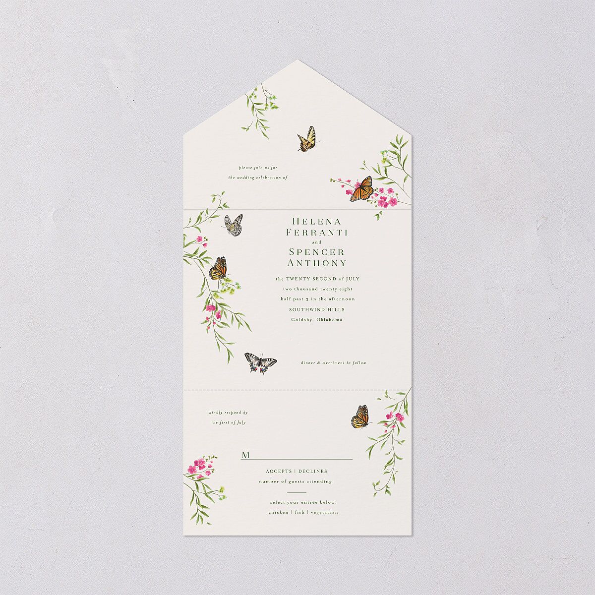 Rustic Butterflies All-in-One Wedding Invitations Scottish Green Signature Light Both Recipient and Return Addresses No