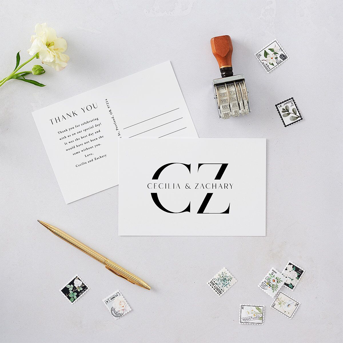 Simple Modern Monogram Thank You Postcards — view 2