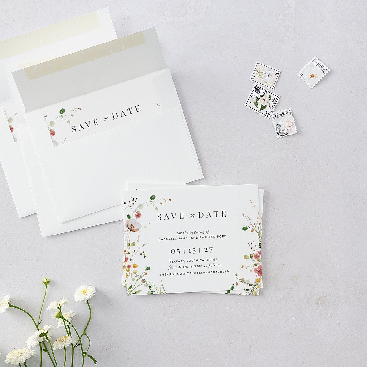 Delicate Wildflower Save the Date Petite Cards Peach Pink Signature smooth Blank No Standard