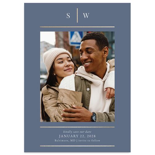 Classic Line Foil Save the Date Cards Regency Blue Gold Signature smooth Blank No Standard