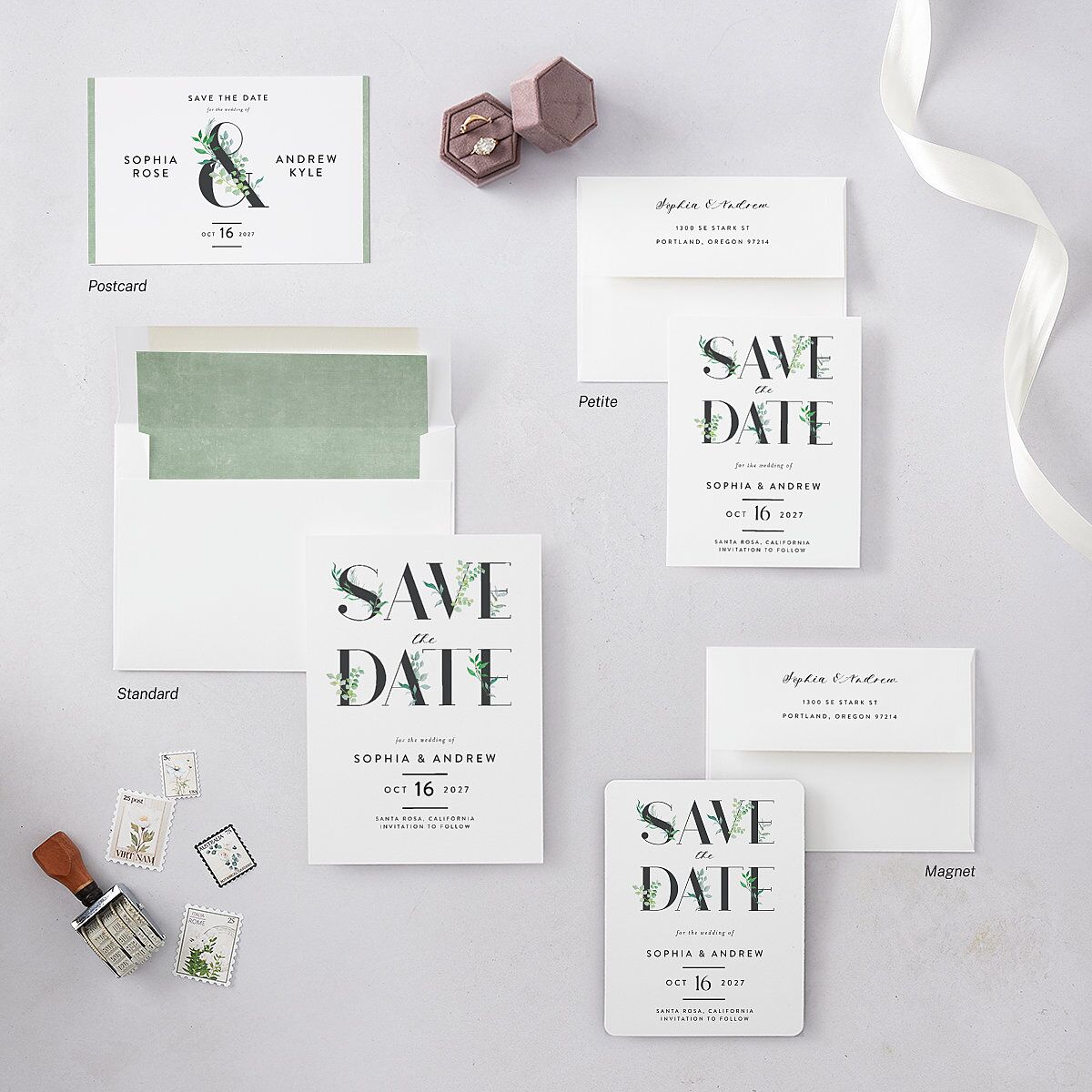 Leafy Ampersand Save The Date Cards Eucalyptus Signature smooth Blank No Standard