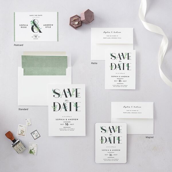 Leafy Ampersand Save The Date Cards Eucalyptus Signature smooth Blank No Standard