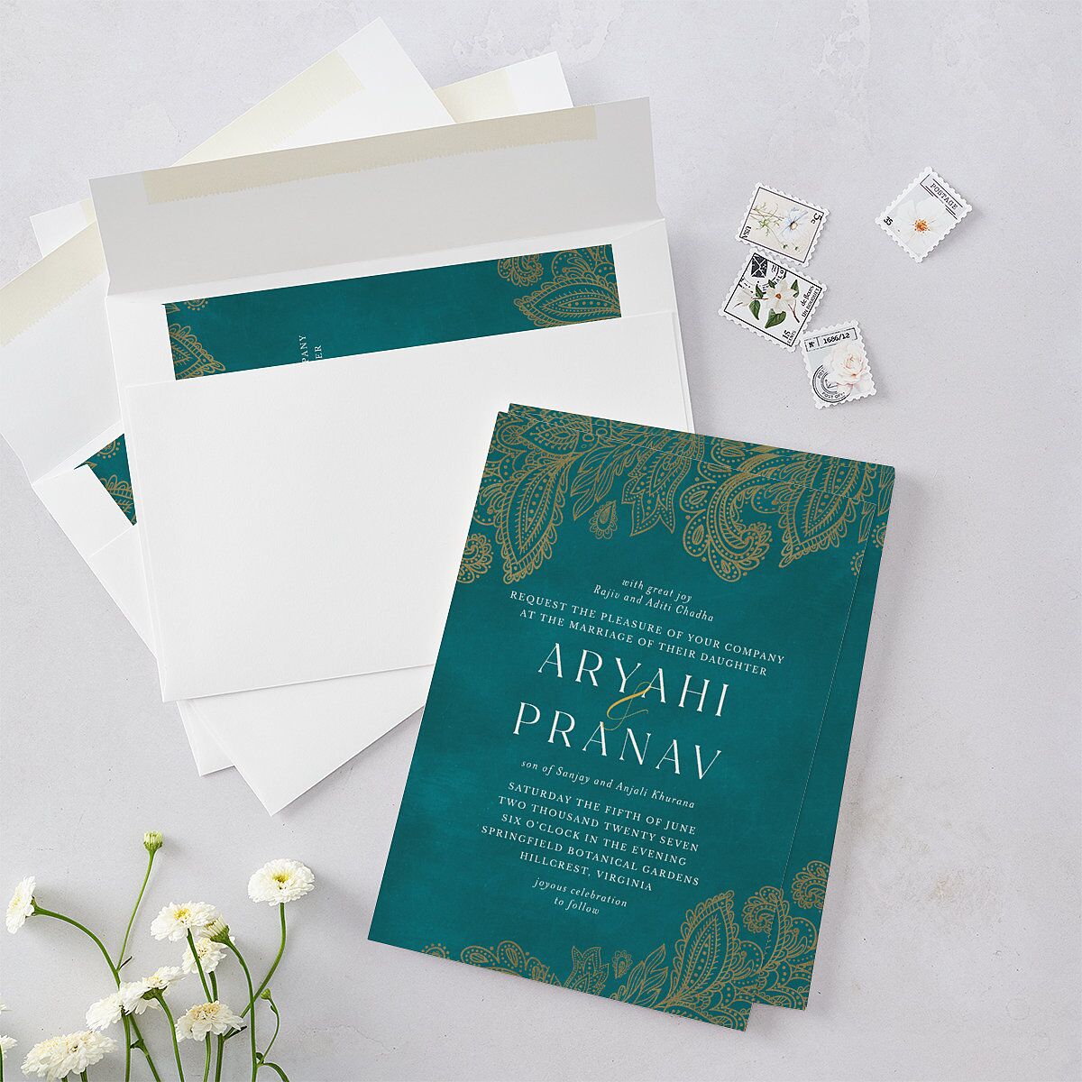 Indian Ornamental Elegance Wedding Invitations Pure White Signature Blank No Standard