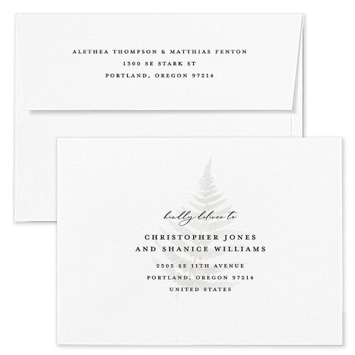 Woodsy Ferns Wedding Invitation Envelopes White Pure White Both Recipient and Return Addresses Standard Signature