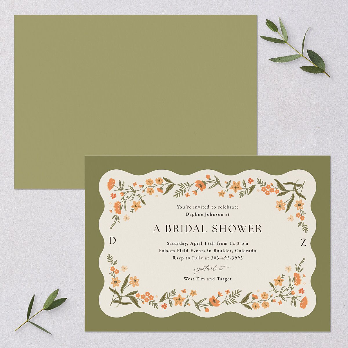 Flora Garden Border Bridal Shower Invitations Olive Signature Blank