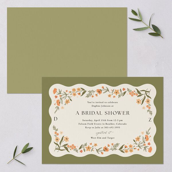 Flora Garden Border Bridal Shower Invitations Olive Signature Blank