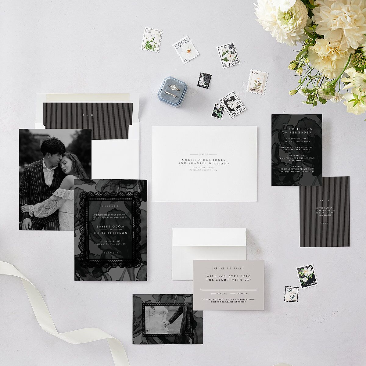 Moody Romantic Lace Floral Wedding Invitations Medieval Grey Signature Blank No Standard