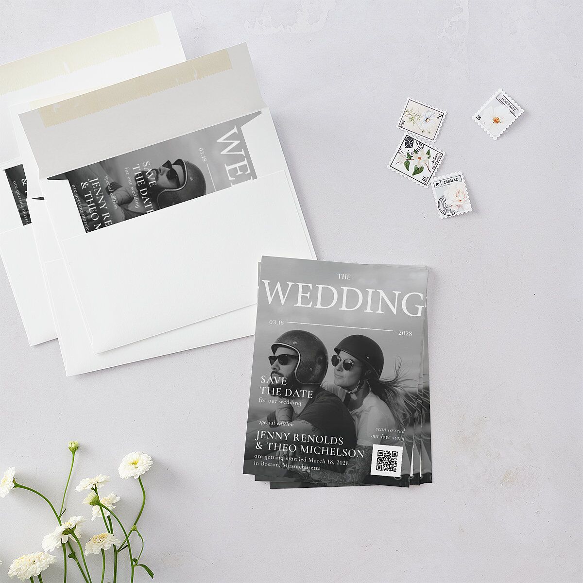 Magazine Cover Save the Date Petite Cards Licorice Signature smooth Blank No