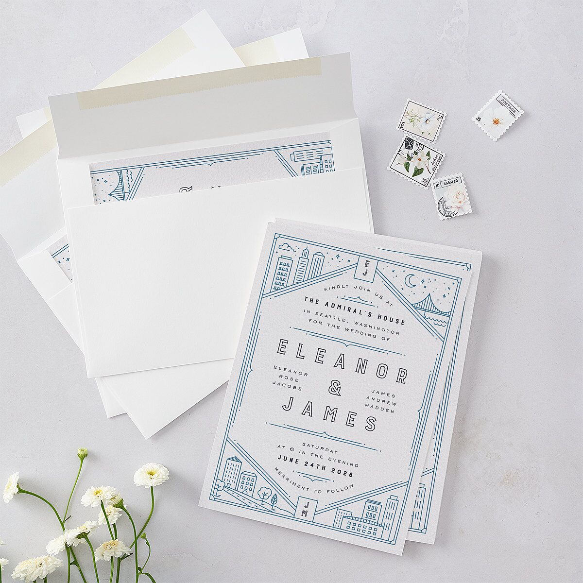 Iconic City Wedding Invitations Moody Blue Signature Blank No