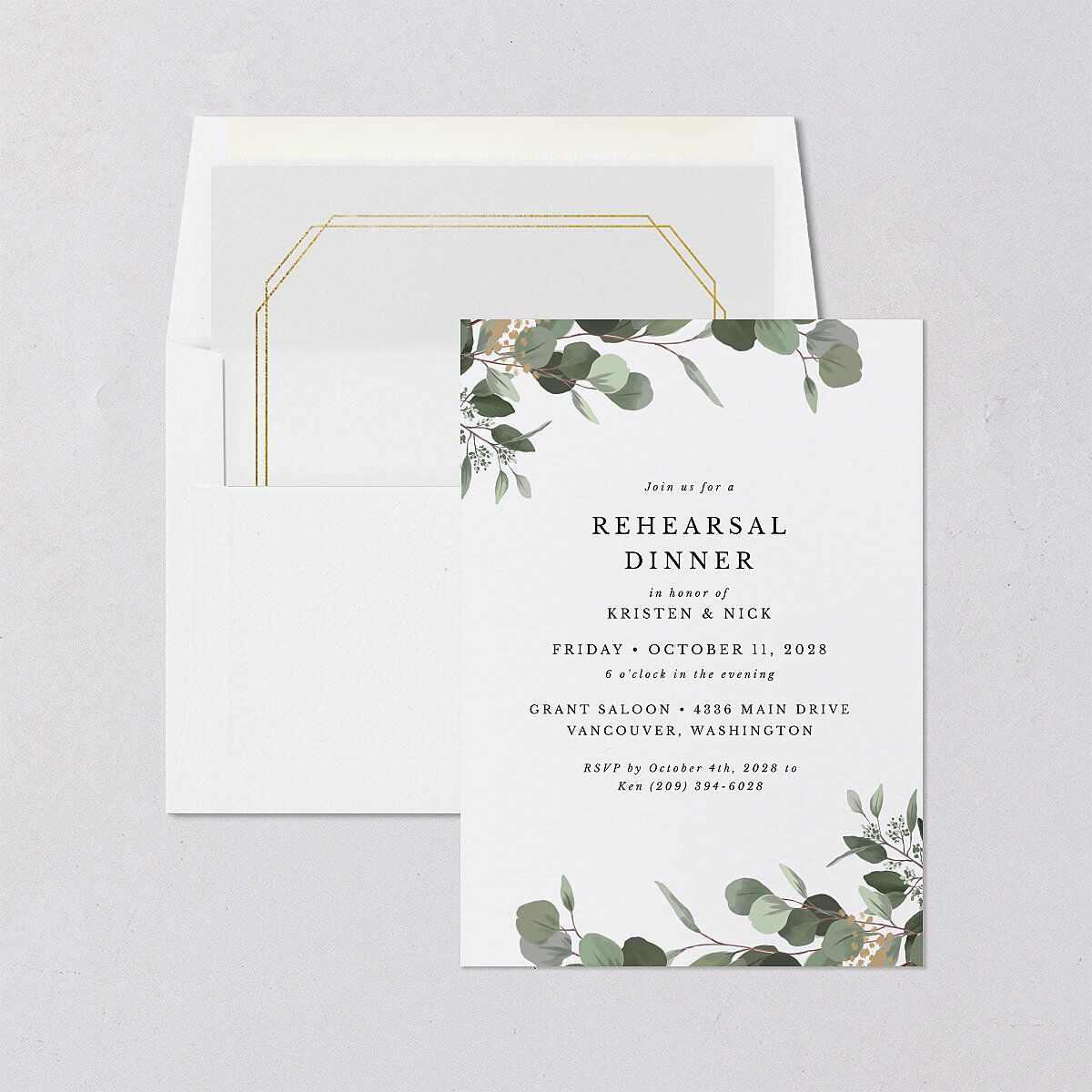 Eucalyptus Frame Rehearsal Dinner Invitations Pure White Signature Blank Standard