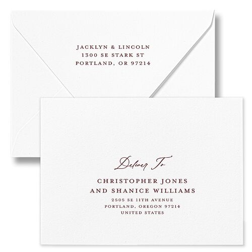 Elegant Vintage Images Save The Date Card Euro Envelopes White Burgundy Both Recipient and Return Addresses Luxe Signature