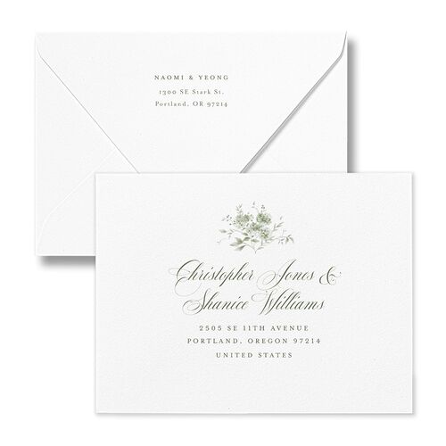 Vintage Florals Bridal Shower Thank You Card Euro Envelopes White Deep Olive Both Recipient and Return Addresses Luxe Signature