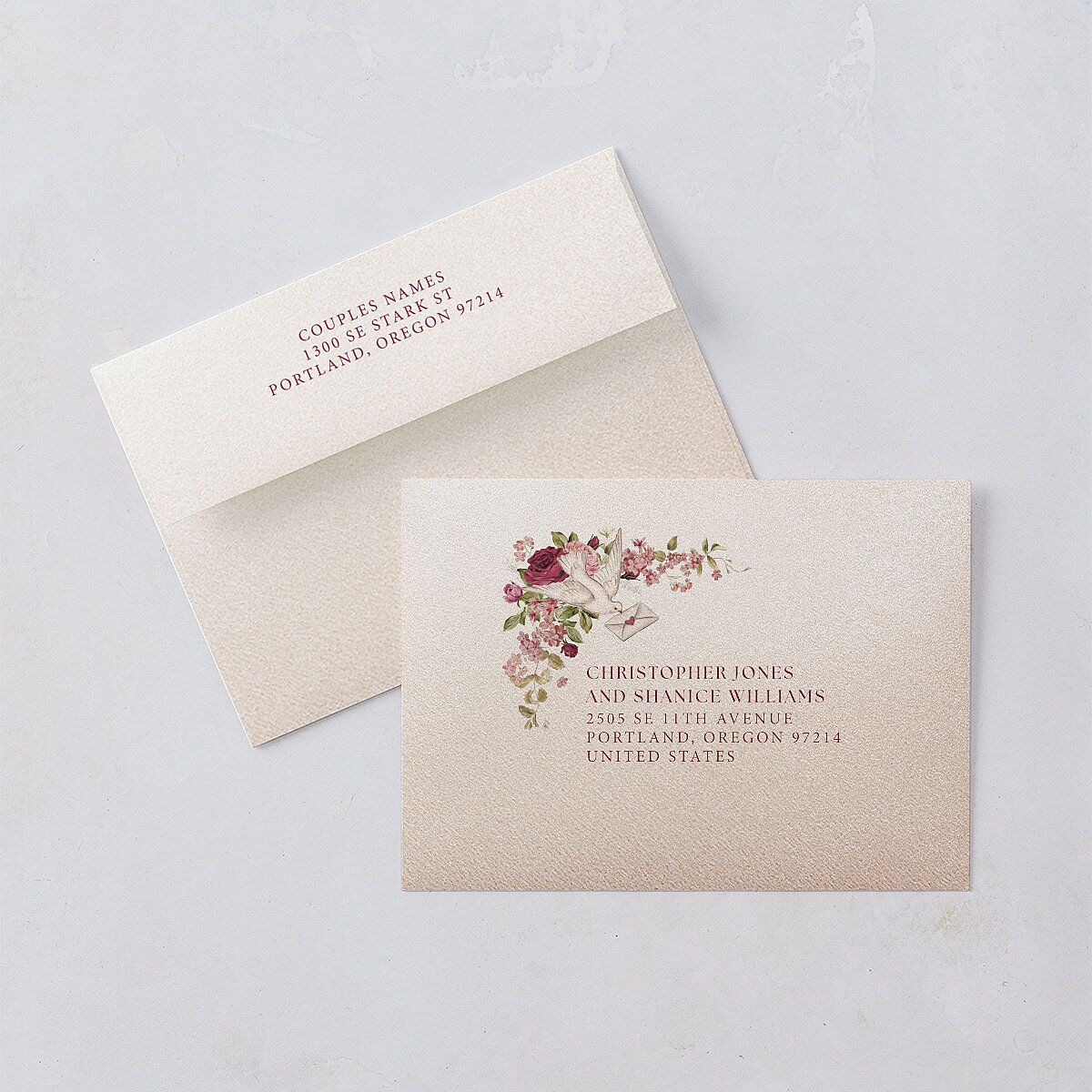 Vintage Love Doves Rehearsal Dinner Invitation Envelopes Shell Pink White Both Recipient and Return Addresses Signature