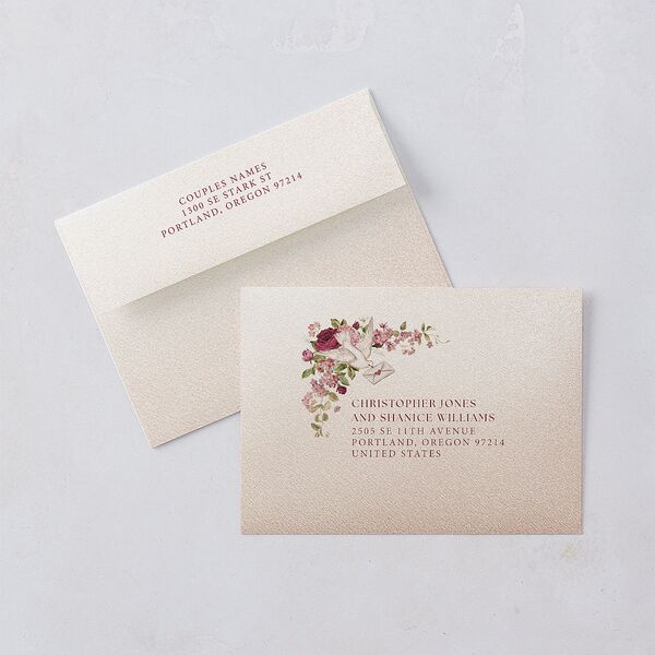 Vintage Love Doves Rehearsal Dinner Invitation Envelopes Shell Pink White Both Recipient and Return Addresses Signature