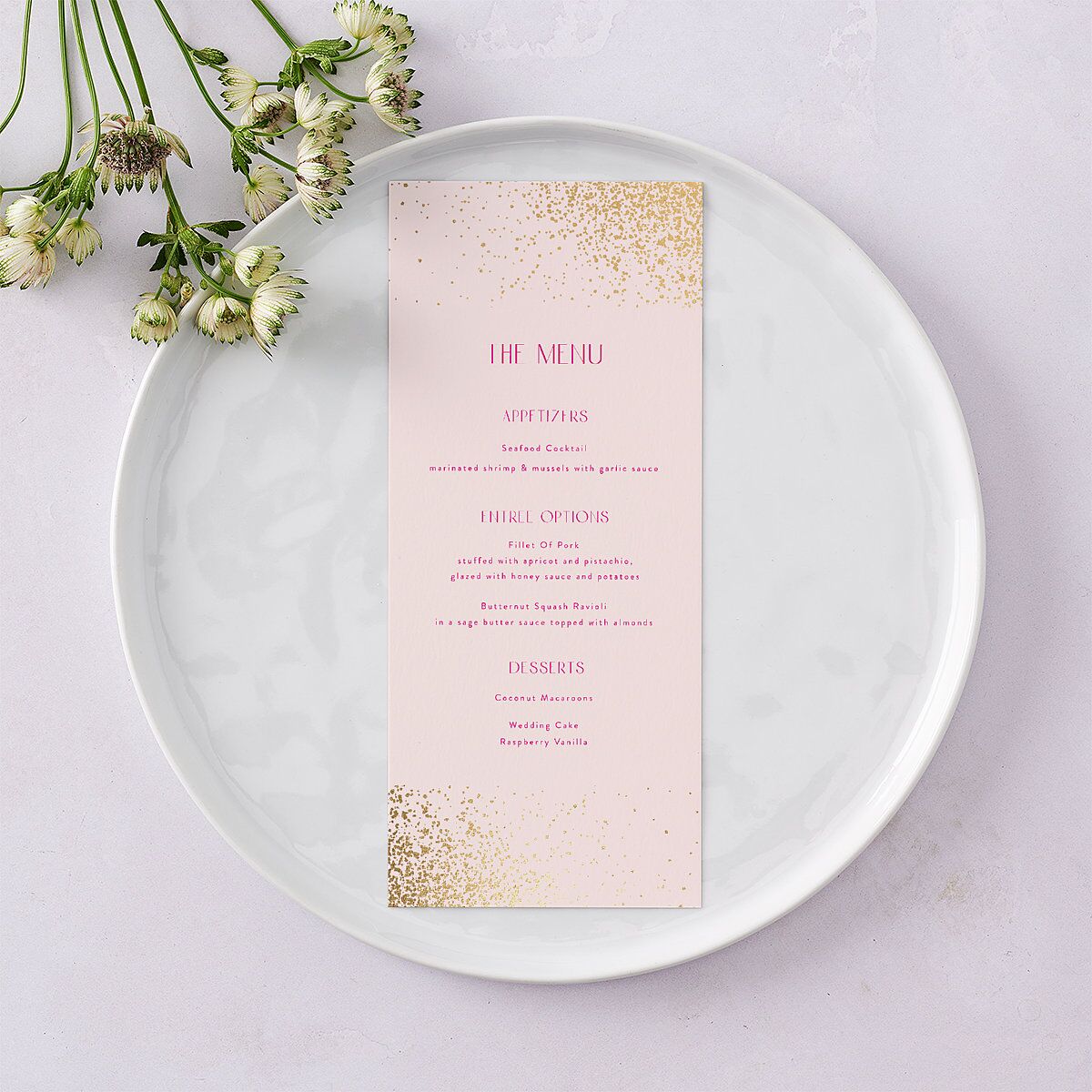 Shimmering Frame Menus Gold Pink Cotton Signature