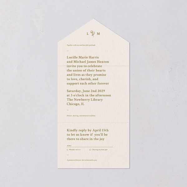 Elegant Typography All-in-One Wedding Invitations Gold Signature Light Both Recipient and Return Addresses No
