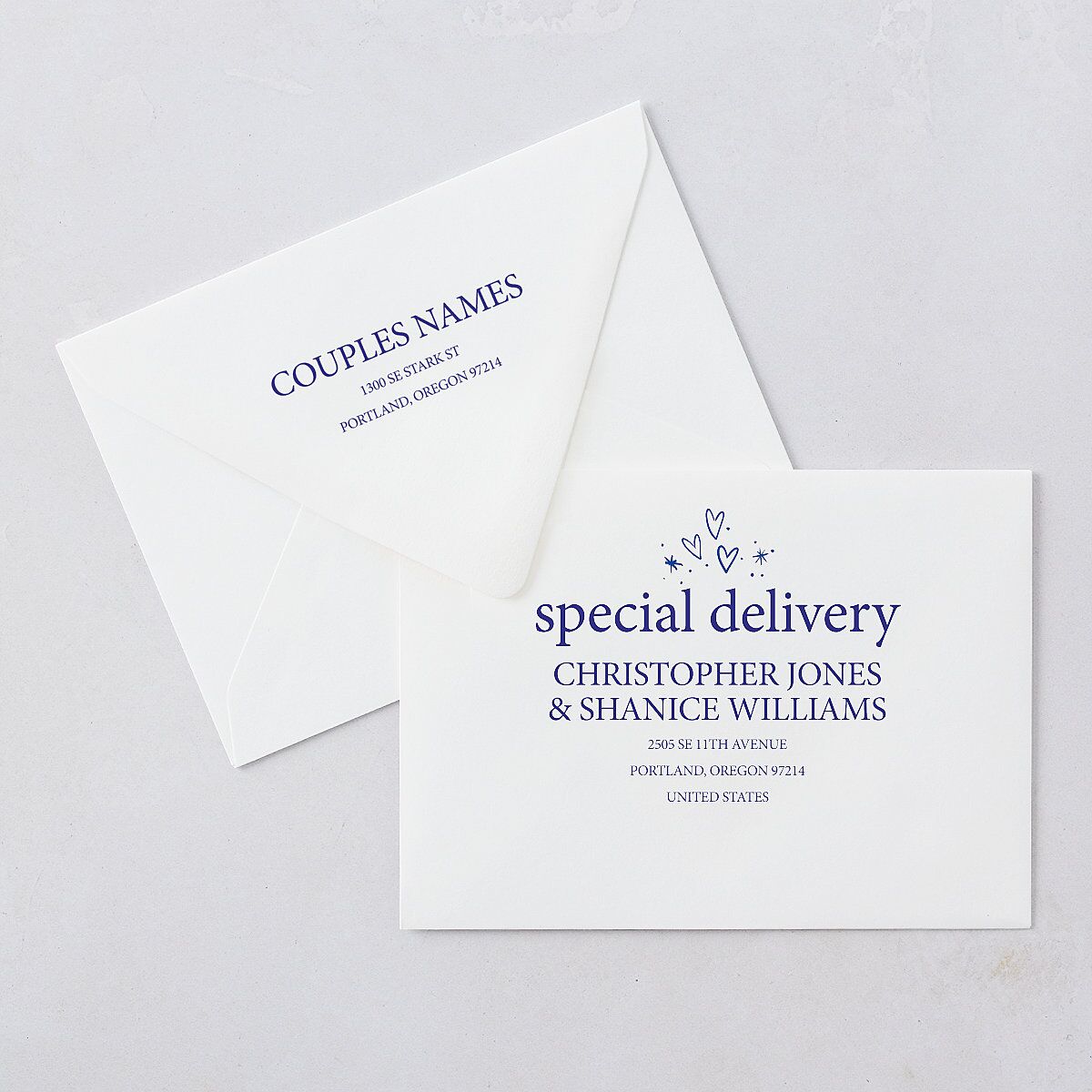 Hand Drawn Cheers Save The Date Card Euro Envelopes Jewel Blue White Luxe Both Recipient and Return Addresses Signature