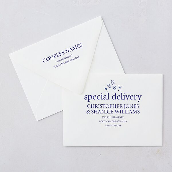 Hand Drawn Cheers Save The Date Card Euro Envelopes Jewel Blue White Luxe Both Recipient and Return Addresses Signature