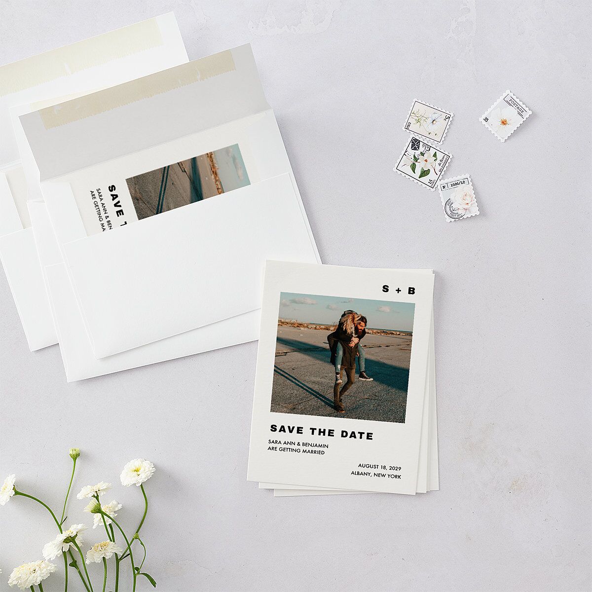 Cinematic Love Story Save the Date Petite Cards Pure White Signature smooth Blank No Standard