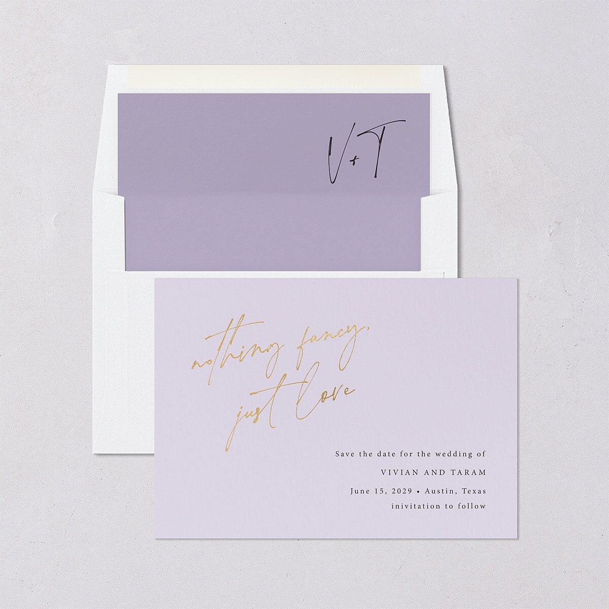 Just Love Save the Date Cards Gold Sheer Lilac Signature smooth Blank No Standard