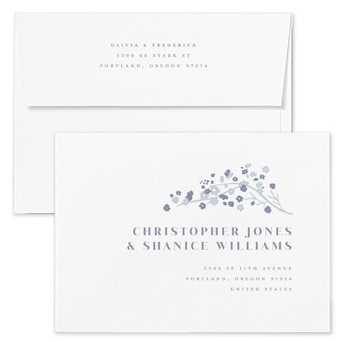 Cherry Blossoms Wedding Invitation Envelopes White Dusty Blue Both Recipient and Return Addresses Standard Signature