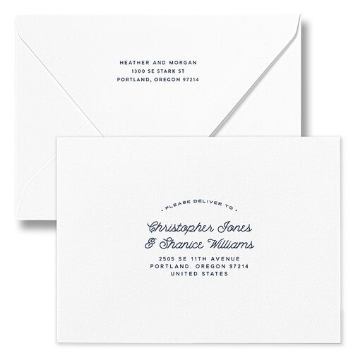 Vintage Mountain Save The Date Card Euro Envelopes White Dusty Blue Both Recipient and Return Addresses Luxe Signature