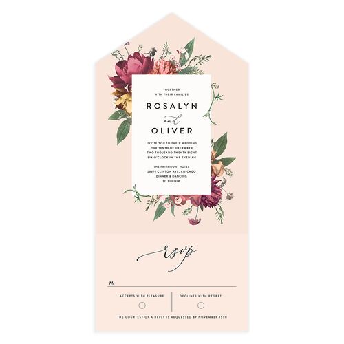 Blooming Botanical All-in-One Wedding Invitations Pink Cotton Signature Light Both Recipient and Return Addresses No
