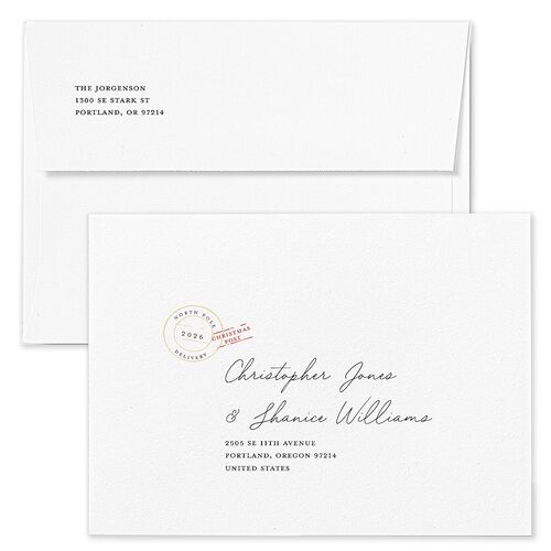 Special Delivery Announcement Christmas Post Holiday Card Envelopes White True Red Both Recipient and Return Addresses Standard Signature